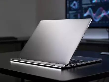 Ein hochwertiges, ultradünnes Metall-Laptop auf einem minimalistischen, dunklen Schreibtisch in einem modernen Tech-Arbeitsplatz. - Foto: über boerse-global.de