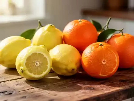 Frische Zitronen und Orangen auf einer hölzernen Arbeitsfläche bei natürlichem Licht. - Foto: über boerse-global.de