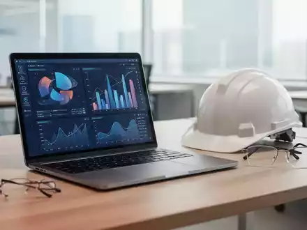 Ein moderner, professioneller Arbeitsplatz mit Laptop, Schutzhelm und Brille, symbolisch für Arbeitssicherheit und digitale Weiterbildung. - Foto: über boerse-global.de