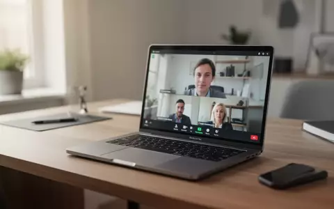Moderner Arbeitsplatz mit einem Laptop, auf dessen Bildschirm ein Videokonferenz-Interface zu sehen ist. - Foto: über boerse-global.de