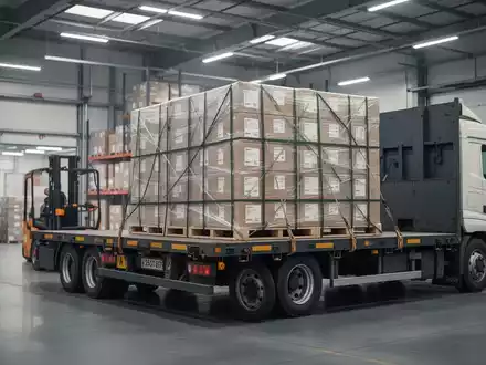 Professionell gesicherte Fracht auf einem LKW in einem Logistikzentrum als Symbol für Ladungssicherungsschulungen. - Foto: über boerse-global.de