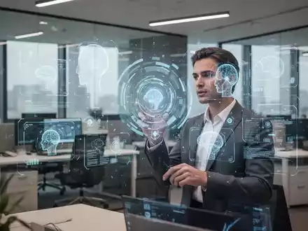Eine Person arbeitet in einem modernen Schweizer Büro an einem Computer, während digitale KI-Schnittstellen visualisiert werden. - Foto: über boerse-global.de