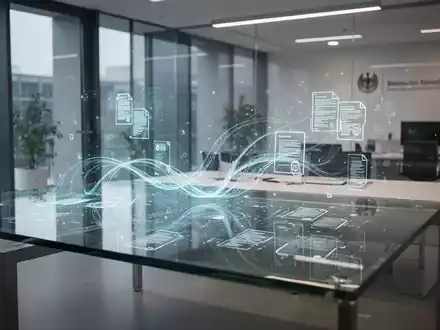 Ein moderner Schreibtisch in einem Behördenbüro mit einer projizierten digitalen Benutzeroberfläche für Datenverarbeitung. - Foto: über boerse-global.de