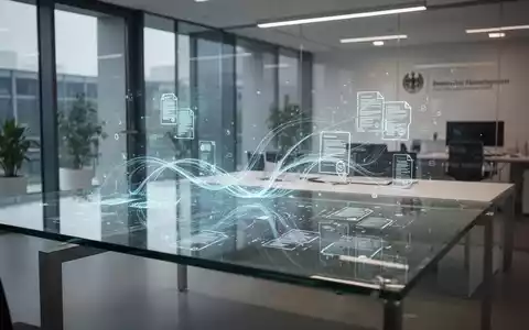 Ein moderner Schreibtisch in einem Behördenbüro mit einer projizierten digitalen Benutzeroberfläche für Datenverarbeitung. - Foto: über boerse-global.de