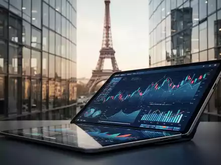 Modernes Bürogebäude in Paris mit einer digitalen Datenanalyse auf einem Tablet im Vordergrund. - Foto: über boerse-global.de