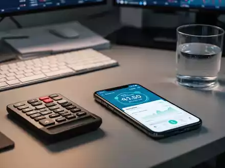 Ein moderner Schreibtisch mit Taschenrechner und Smartphone, das eine App zur Kostenoptimierung anzeigt. - Foto: über boerse-global.de