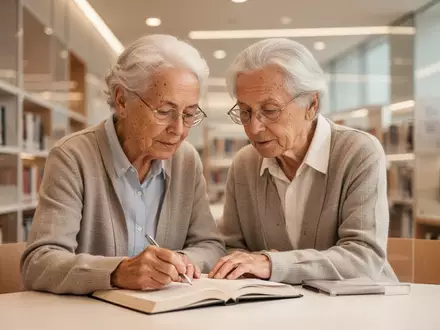 Ein geistig aktiver älterer Mensch bei einer konzentrierten Tätigkeit in einer modernen Bibliothek. - Foto: über boerse-global.de