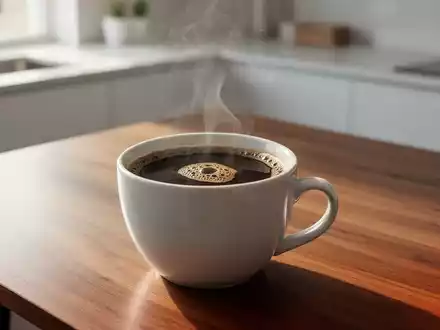 Eine dampfende Tasse schwarzer Kaffee auf einem modernen Holztisch in einer hellen, minimalistischen Umgebung. - Foto: über boerse-global.de