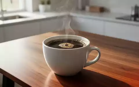 Eine dampfende Tasse schwarzer Kaffee auf einem modernen Holztisch in einer hellen, minimalistischen Umgebung. - Foto: über boerse-global.de