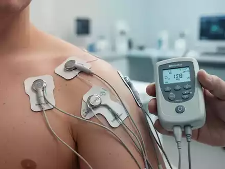 Nahaufnahme einer TENS-Elektrode auf der Haut zur Schmerzbehandlung bei Fibromyalgie in einer medizinischen Praxis. - Foto: über boerse-global.de