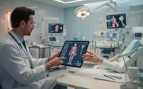 Ein Arzt in einer modernen orthopädischen Praxis nutzt ein Tablet zur digitalen Patientenberatung. - Foto: über boerse-global.de