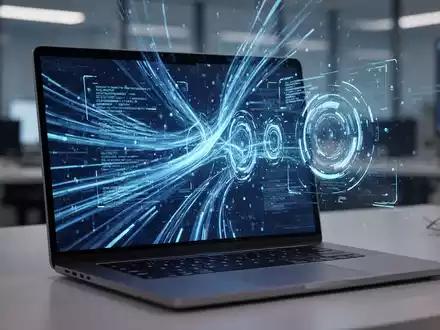 Moderner Laptop-Bildschirm mit abstrakten blauen digitalen Daten und Code, die Softwareentwicklung und Updates darstellen. - Foto: über boerse-global.de