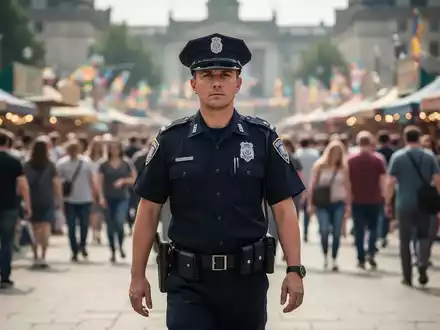 Polizeibeamter auf Streife in einer Menschenmenge auf einem Volksfest zur Prävention von Taschendiebstählen. - Foto: über boerse-global.de