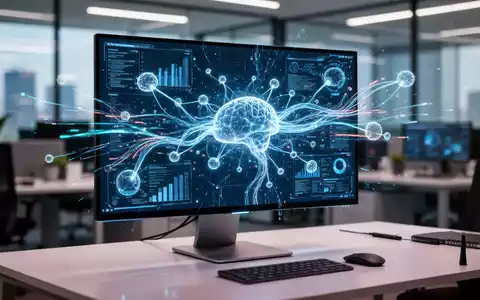 Digitale Benutzeroberfläche auf einem Computerbildschirm mit abstrakten KI-Datenströmen in einem modernen Büro. - Foto: über boerse-global.de