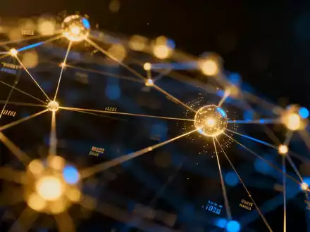 Abstrakte Visualisierung eines digitalen Blockchain-Netzwerks mit leuchtenden Datenknoten und Finanzmarkt-Ästhetik. - Foto: über boerse-global.de