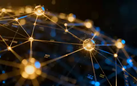 Abstrakte Visualisierung eines digitalen Blockchain-Netzwerks mit leuchtenden Datenknoten und Finanzmarkt-Ästhetik. - Foto: über boerse-global.de