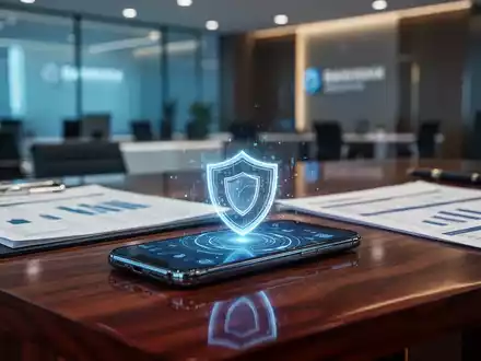 Smartphone mit digitalem Sicherheitssymbol auf einem Schreibtisch, das Banken-Cybersicherheit und rechtliche Haftung darstellt. - Foto: über boerse-global.de