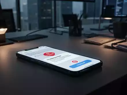 Ein beleuchtetes Smartphone-Display in einem dunklen Büro, das auf eine potenzielle Phishing-E-Mail hindeutet. - Foto: über boerse-global.de