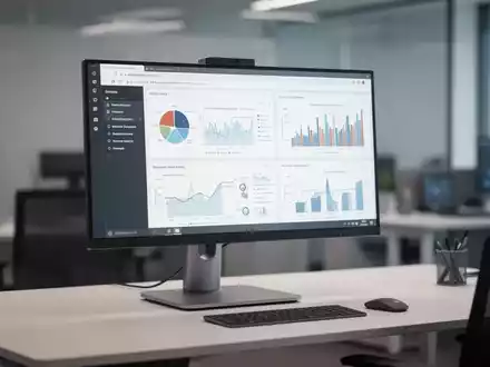 Moderner, ergonomischer Büro-Monitor auf einem aufgeräumten Schreibtisch in einer professionellen Arbeitsumgebung. - Foto: über boerse-global.de