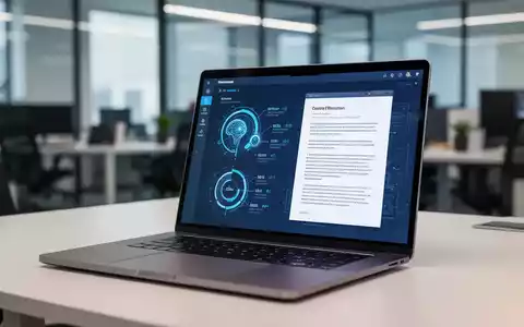 Moderner Laptop-Bildschirm mit KI-generierten Infografiken und Dokumentensoftware in einem professionellen Büro. - Foto: über boerse-global.de