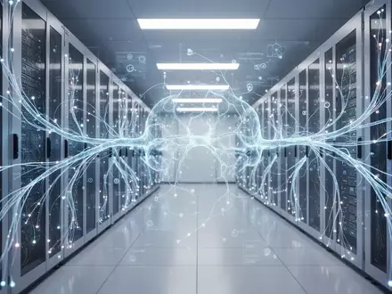 Modernes Rechenzentrum mit digitalen neuronalen Netzwerkgrafiken als Symbol für die Integration von KI in Unternehmen. - Foto: über boerse-global.de