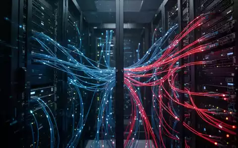 Leuchtende Glasfaserkabel in einem dunklen Serverraum, die einen Cybersicherheitsvorfall und KI-Netzwerkaktivität darstellen. - Foto: über boerse-global.de