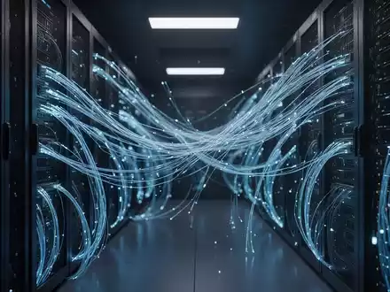 Dunkler Serverraum mit leuchtend blauen Glasfaserkabeln, die KI-Entwicklung und Cybersicherheit symbolisieren. - Foto: über boerse-global.de