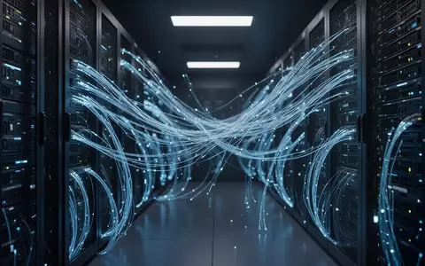 Dunkler Serverraum mit leuchtend blauen Glasfaserkabeln, die KI-Entwicklung und Cybersicherheit symbolisieren. - Foto: über boerse-global.de