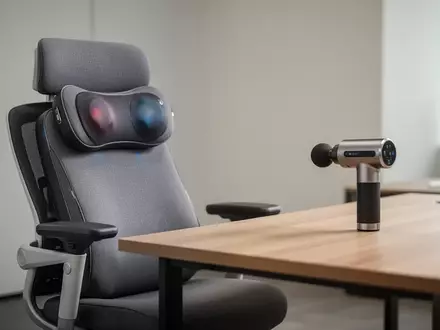Ein modernes Büro-Setup mit einem Massagekissen auf einem Bürostuhl und einer Massagepistole auf einem Schreibtisch. - Foto: über boerse-global.de