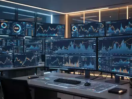 Digitale Oberfläche mit komplexen Finanzdaten und algorithmischen Modellen auf mehreren Bildschirmen in einem modernen Büro. - Foto: über boerse-global.de