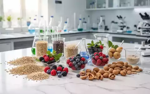 Nahaufnahme von frischen, gesunden Lebensmitteln wie Vollkorn und Beeren in einer modernen Laborumgebung für Ernährung. - Foto: über boerse-global.de