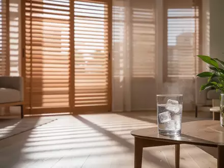 Modernes, sonnendurchflutetes Wohnzimmer mit geschlossenen Jalousien und einem Glas Wasser als Symbol für Hitzeschutz. - Foto: über boerse-global.de