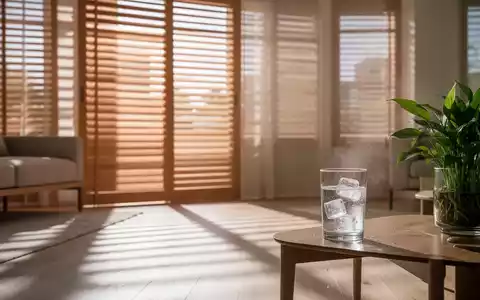 Modernes, sonnendurchflutetes Wohnzimmer mit geschlossenen Jalousien und einem Glas Wasser als Symbol für Hitzeschutz. - Foto: über boerse-global.de