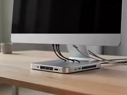 Eleganter Aluminium-Monitorständer-Hub unter einem iMac auf einem professionellen Schreibtisch. - Foto: über boerse-global.de