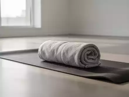 Ein zusammengerolltes Handtuch auf einer Yogamatte in einem hellen, minimalistischen Raum für Fitnessübungen. - Foto: über boerse-global.de