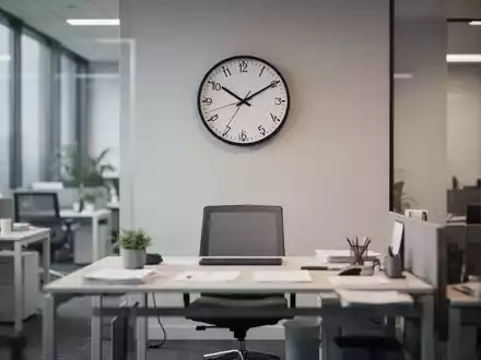 Ein leerer Arbeitsplatz mit einer Wanduhr im Hintergrund, die das Thema Arbeitszeit und Work-Life-Balance symbolisiert. - Foto: über boerse-global.de