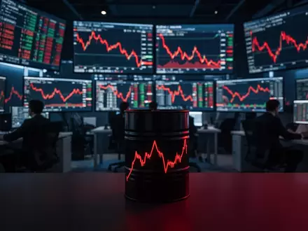 Rote Börsenkurse auf Bildschirme vor dem Hintergrund einer Finanzwelt mit angedeutetem Ölfass-Symbol. - Foto: über boerse-global.de
