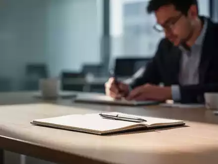 Ein minimalistischer Schreibtisch mit Notizbuch und Stift in einer konzentrierten Arbeitsatmosphäre. - Foto: über boerse-global.de