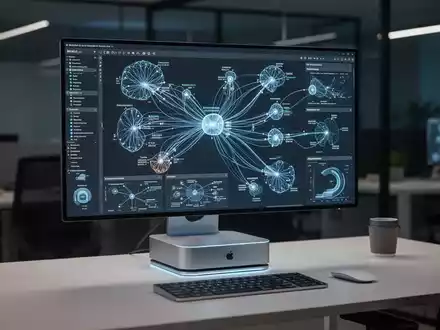 Hochwertige Mac Studio Workstation mit komplexem neuronalen Netzwerkinterface in einem modernen Büro. - Foto: über boerse-global.de