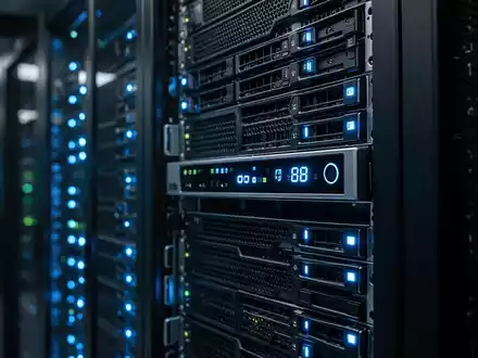 Nahaufnahme von Server-Rack-Hardware mit blauen Statusleuchten in einem dunklen Rechenzentrum. - Foto: über boerse-global.de