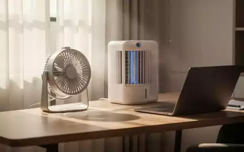 Moderner Home-Office-Arbeitsplatz mit kompakten Kühlgeräten und Ventilator auf dem Schreibtisch bei sonnigem Licht. - Foto: über boerse-global.de