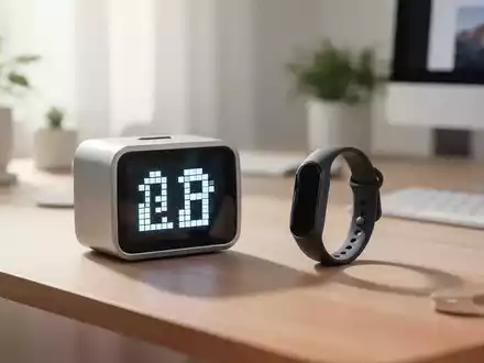 Ein minimalistischer Schreibtisch mit einem retro-inspirierten Gadget mit Pixel-Display und einem modernen Wearable. - Foto: über boerse-global.de