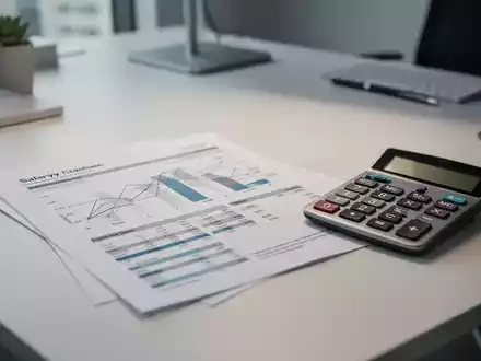 Ein modernes Büro mit Dokumenten zu Gehaltsanalysen und einem Taschenrechner auf einem Schreibtisch. - Foto: über boerse-global.de