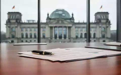 Modernes Büro mit Dokumenten und verschwommenem Parlamentsgebäude im Hintergrund als Symbol für arbeitsrechtliche Reformen. - Foto: über boerse-global.de