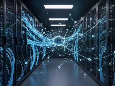 Abstraktes Bild eines modernen Serverraums mit leuchtenden Glasfaserkabeln und neuronalen Netzwerken als Symbol für IT-Sicherheit. - Foto: über boerse-global.de