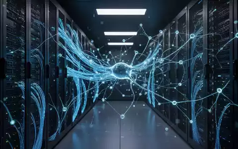 Abstraktes Bild eines modernen Serverraums mit leuchtenden Glasfaserkabeln und neuronalen Netzwerken als Symbol für IT-Sicherheit. - Foto: über boerse-global.de