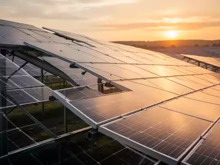 Moderne Solarpark-Anlage bei Sonnenuntergang mit reflektierenden Photovoltaik-Modulen. - Foto: über boerse-global.de