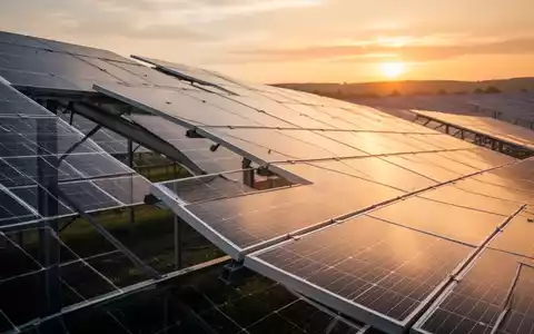 Moderne Solarpark-Anlage bei Sonnenuntergang mit reflektierenden Photovoltaik-Modulen. - Foto: über boerse-global.de
