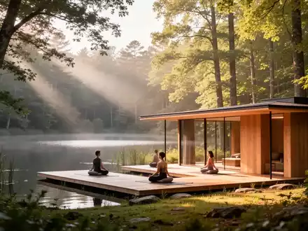 Modernes Meditationszentrum in einer ruhigen Waldlandschaft am See bei sanftem Morgenlicht. - Foto: über boerse-global.de