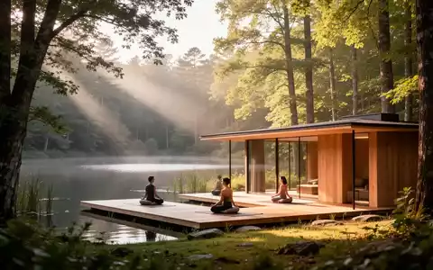 Modernes Meditationszentrum in einer ruhigen Waldlandschaft am See bei sanftem Morgenlicht. - Foto: über boerse-global.de